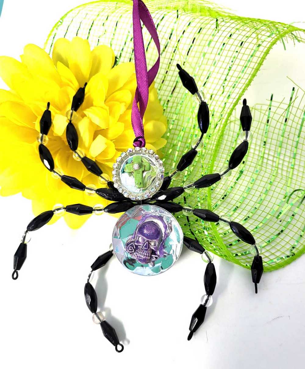 Black and Clear Beaded Spider with Skull Head and Cross Ornament