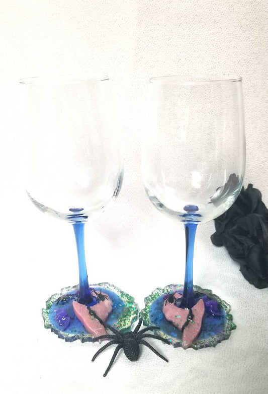 Altered Wine Glass with a Witch Hat and a Spider on a Resin Base