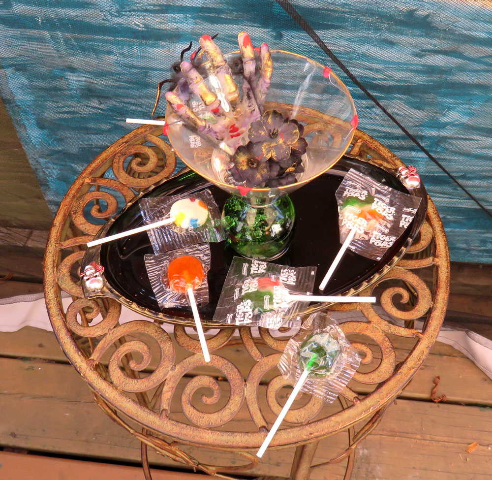 Altered Glass Candy Dish with Skull Hand in Resin