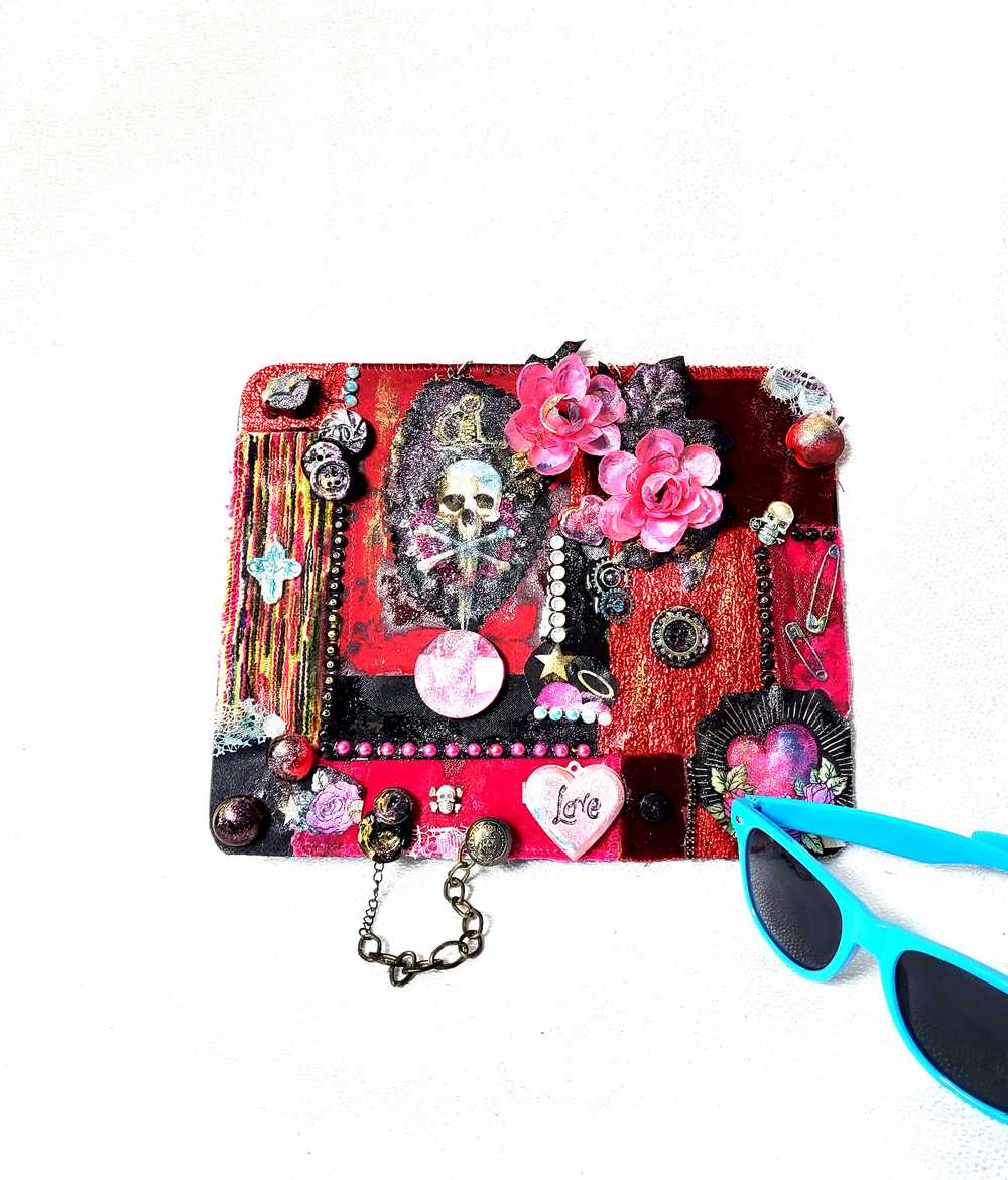 Unique, Red Velvet Skull with Pink Flowers and Picture Frame, Wall Plaque