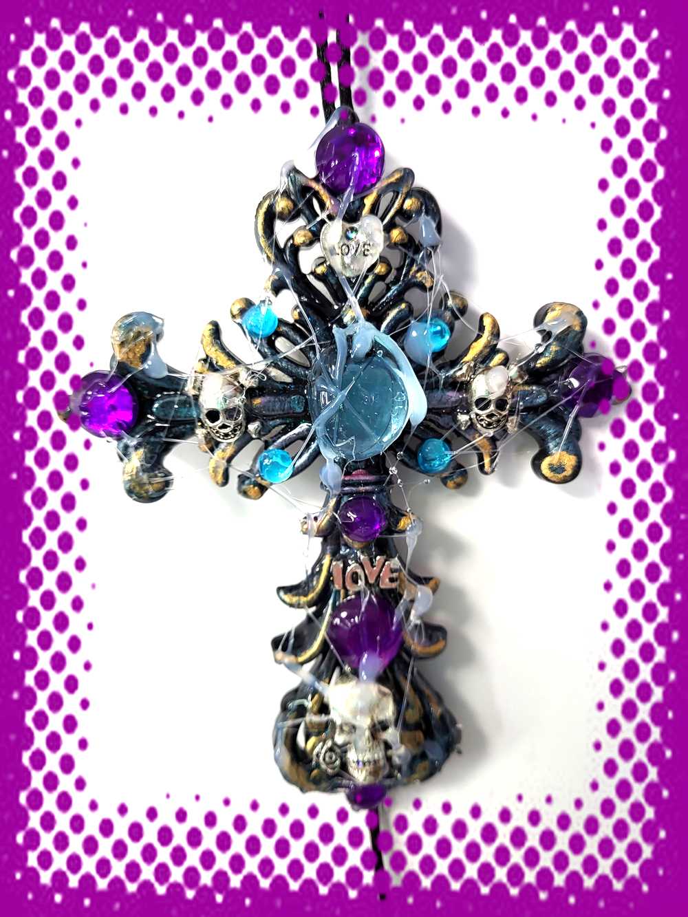 Plastic Cross and Skull Ornament with Teal and Purple Rhinestones