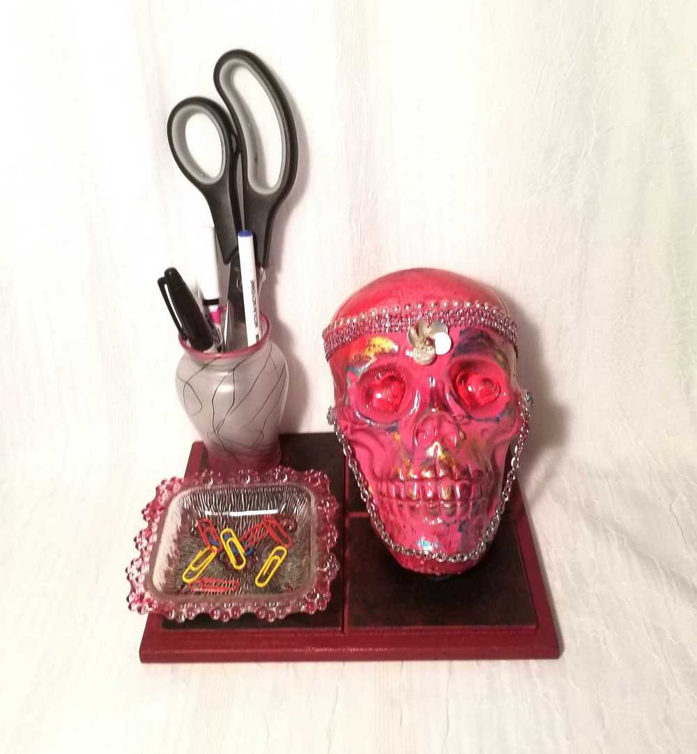 Red Skull and Roses in Resin in a Vintage Candy Dish