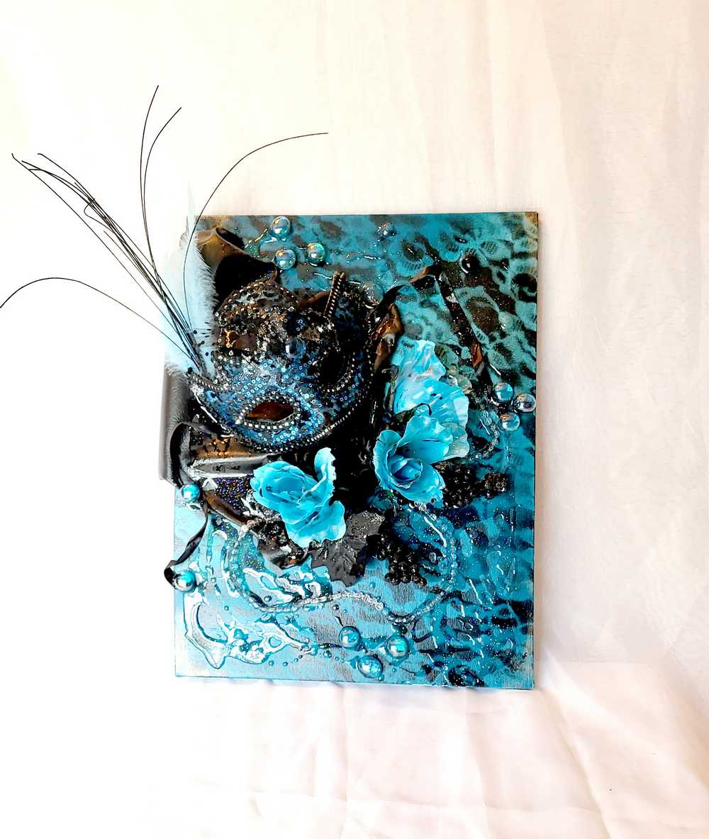 3D Canvas Art with Sexy Teal Blue Mask and Teal Blue Roses, 30 x 40 x 15 cm