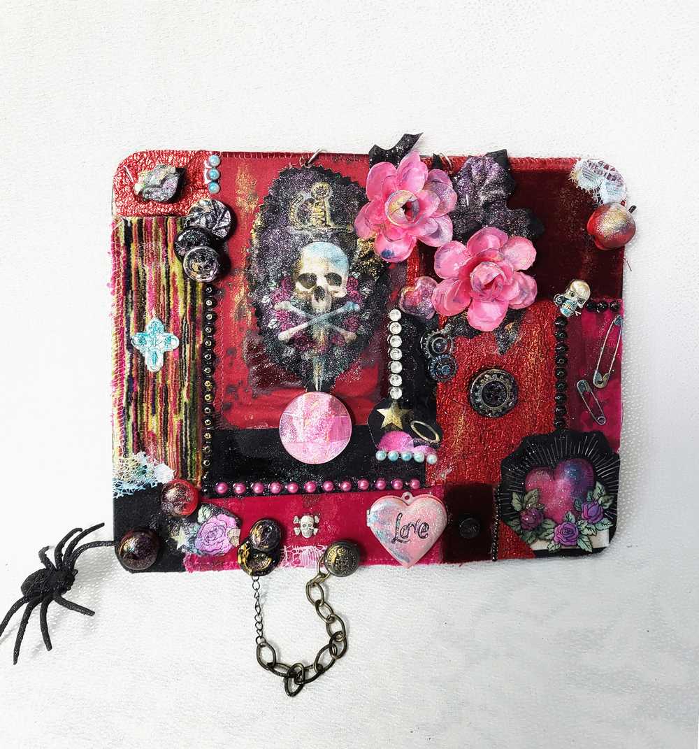 Unique, Red Velvet Skull with Pink Flowers and Picture Frame, Wall Plaque