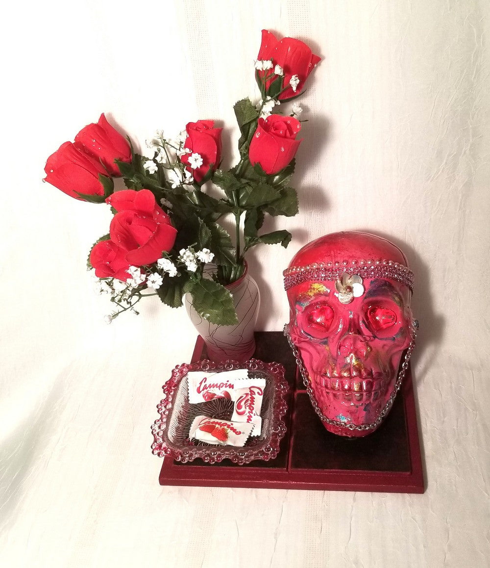 Red Skull and Roses in Resin in a Vintage Candy Dish