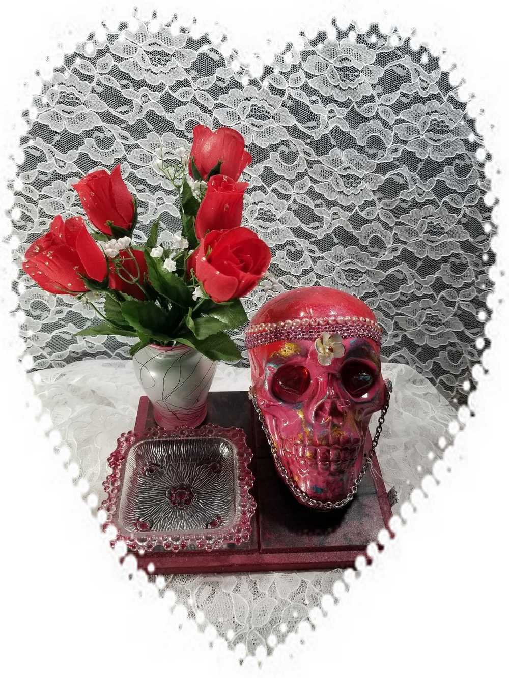 Red Skull and Roses in Resin in a Vintage Candy Dish