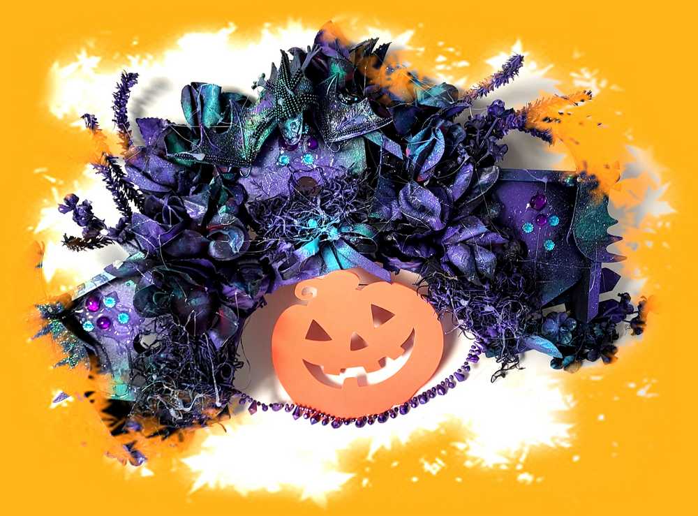 Decorative Wreath with 3 Bat Houses with Bats in Purple and Black