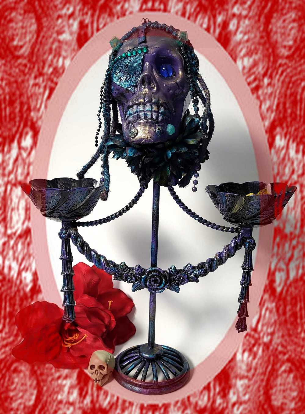 Purple Skull on Decorative Stand with Two Glass Candy Dishes