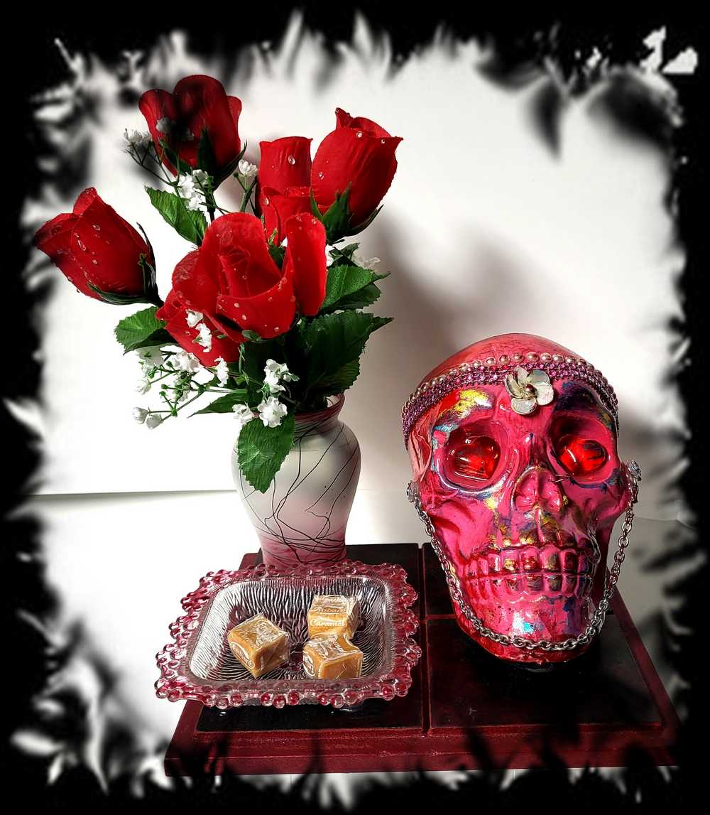 Red Skull and Roses in Resin in a Vintage Candy Dish