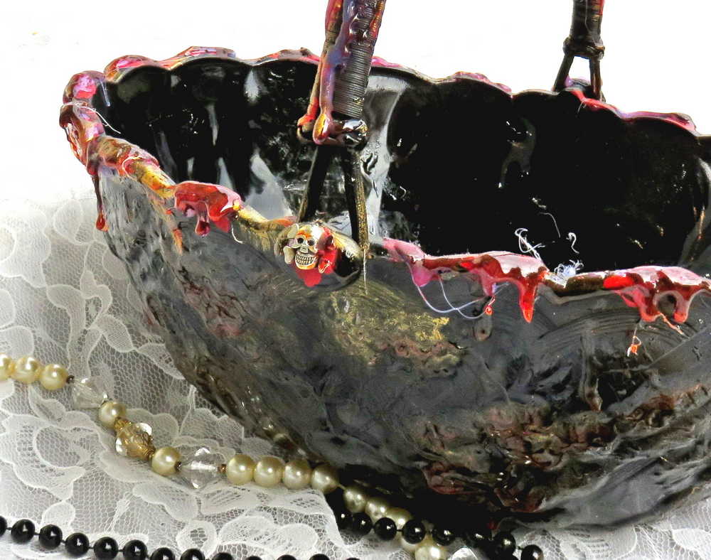 Goth, Altered Vintage Glass Fruit Bowl With Handle and Skull Charms