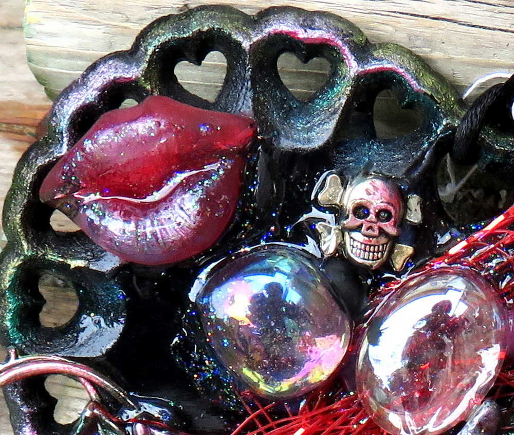 Skull Hanging Heart Ornament with Pouty Red Lips
