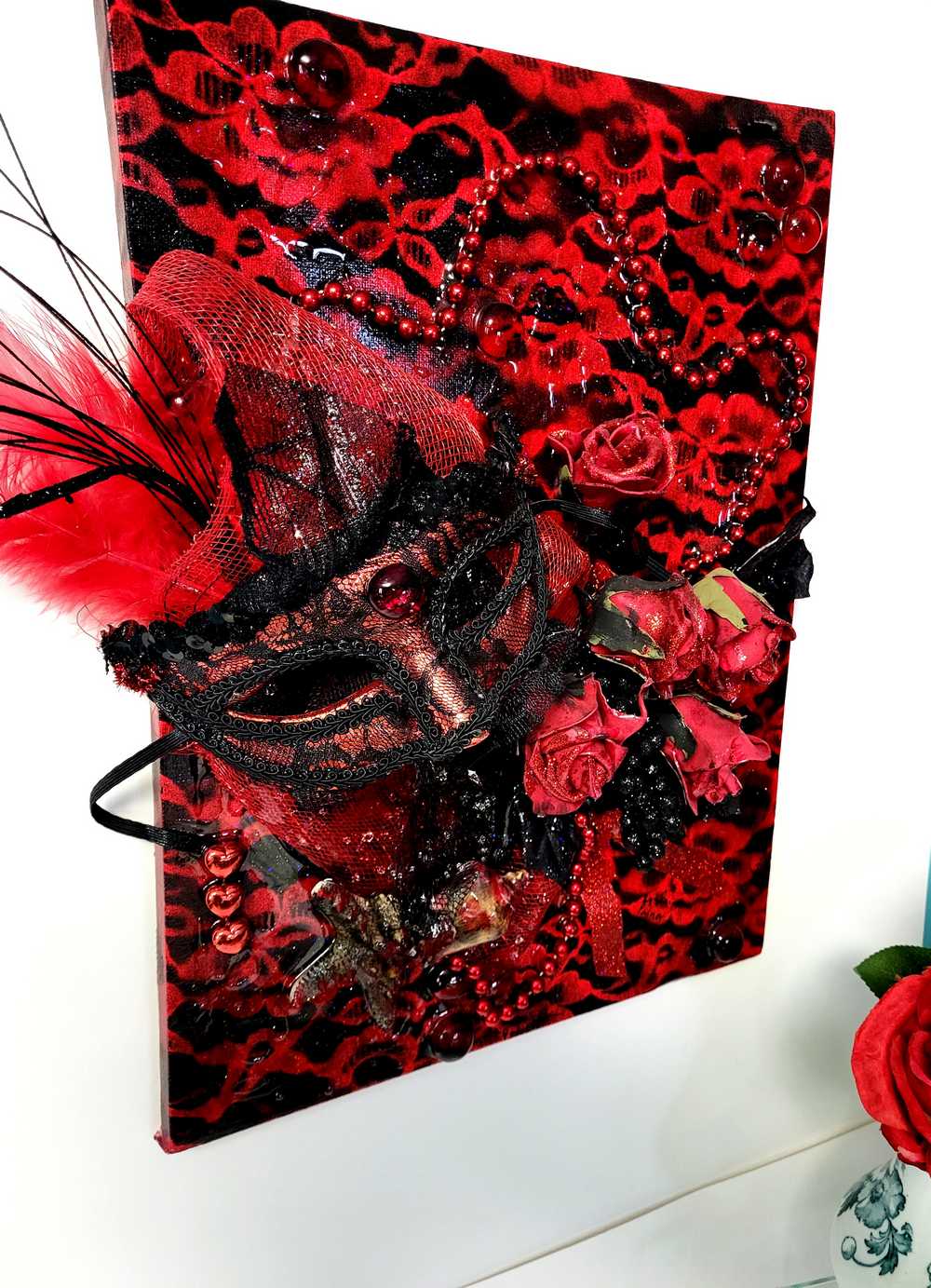 3D Red and Black Art on Canvas with Sexy Mask and Roses, 40 cm x 30 x 10 cm