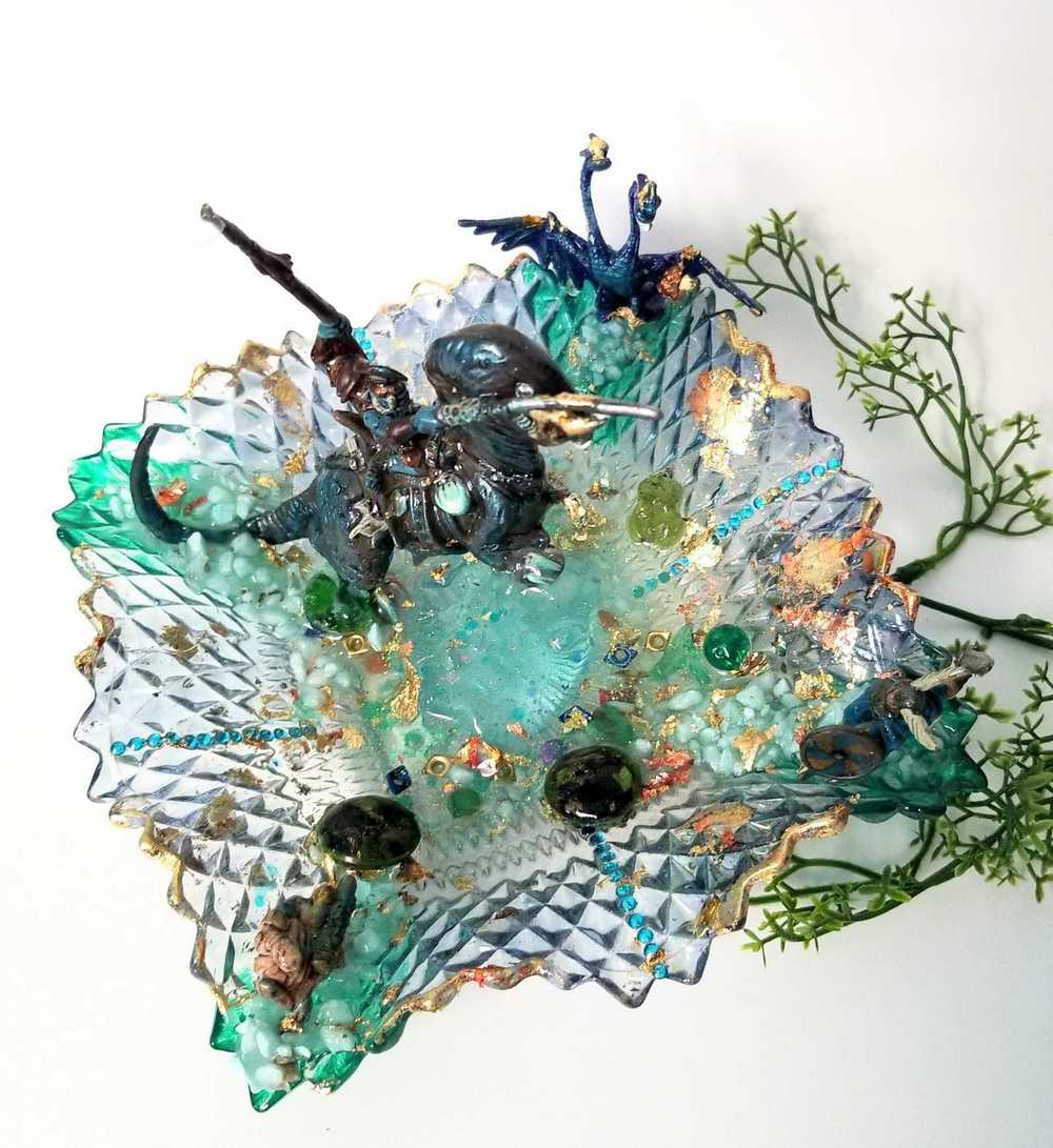 Mutant Troll Warrior Riding a T Rex in a Glass Vintage Dish, Collector Piece