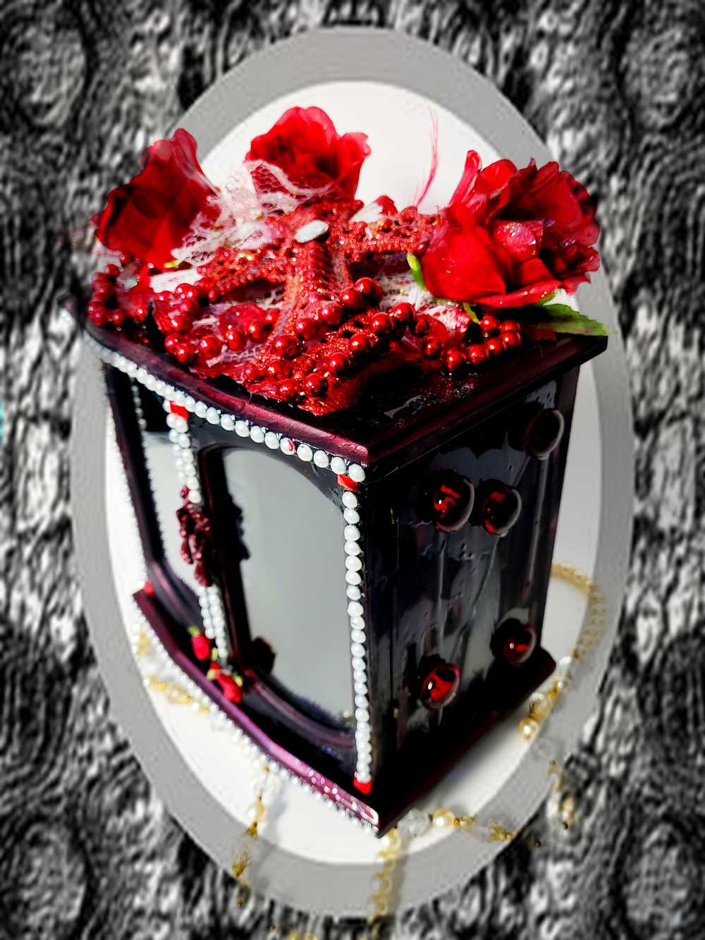 Black and Red Ladies Jewelry Box with 3 Red Roses, White Shimmering Lace and a Red Cross