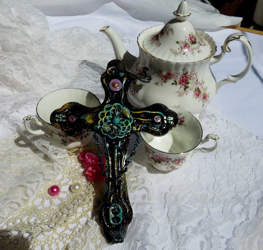 Altered Goth Wooden Cross with Skulls, Chains and Pink Buttons