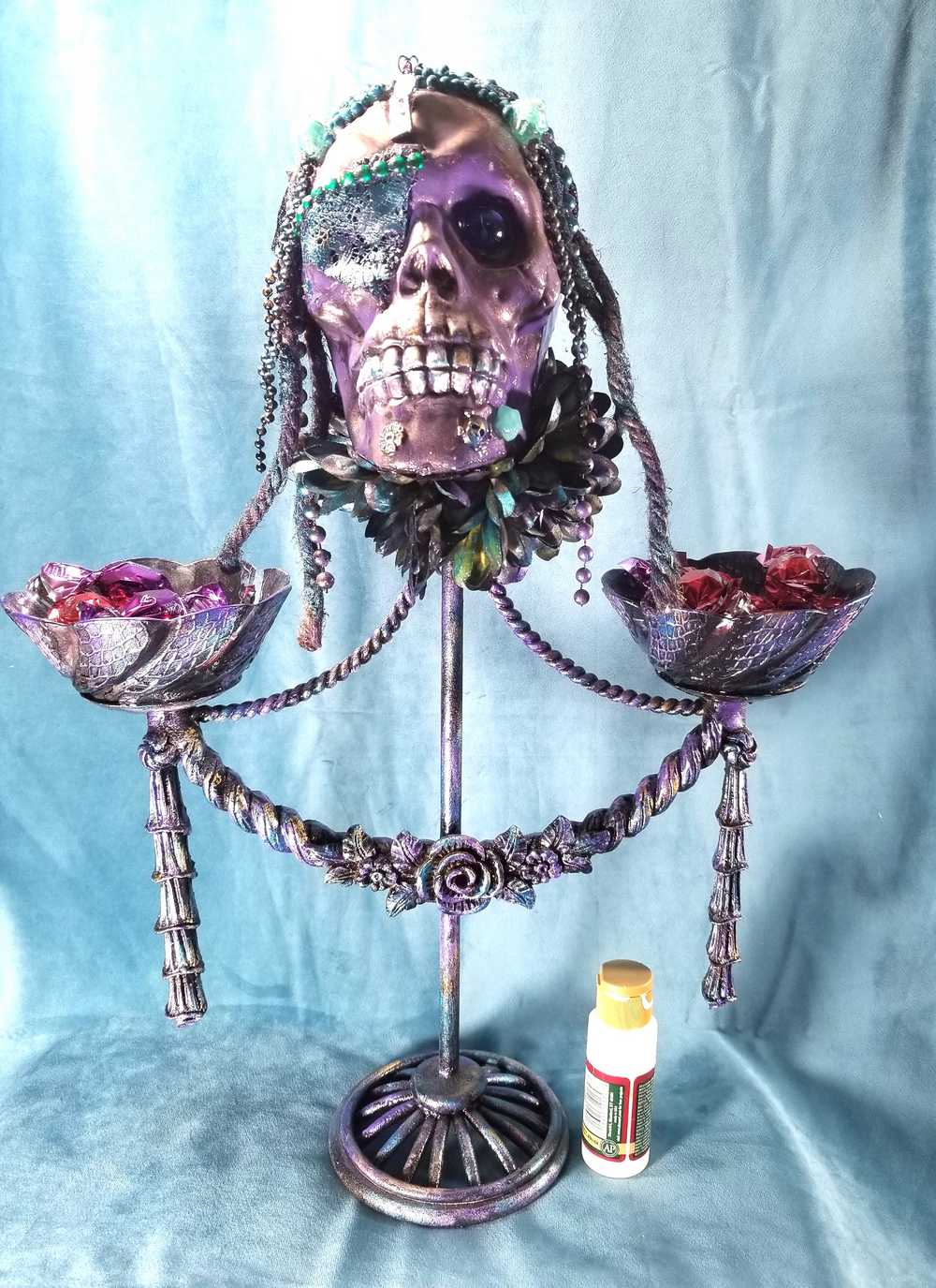 Purple Skull on Decorative Stand with Two Glass Candy Dishes