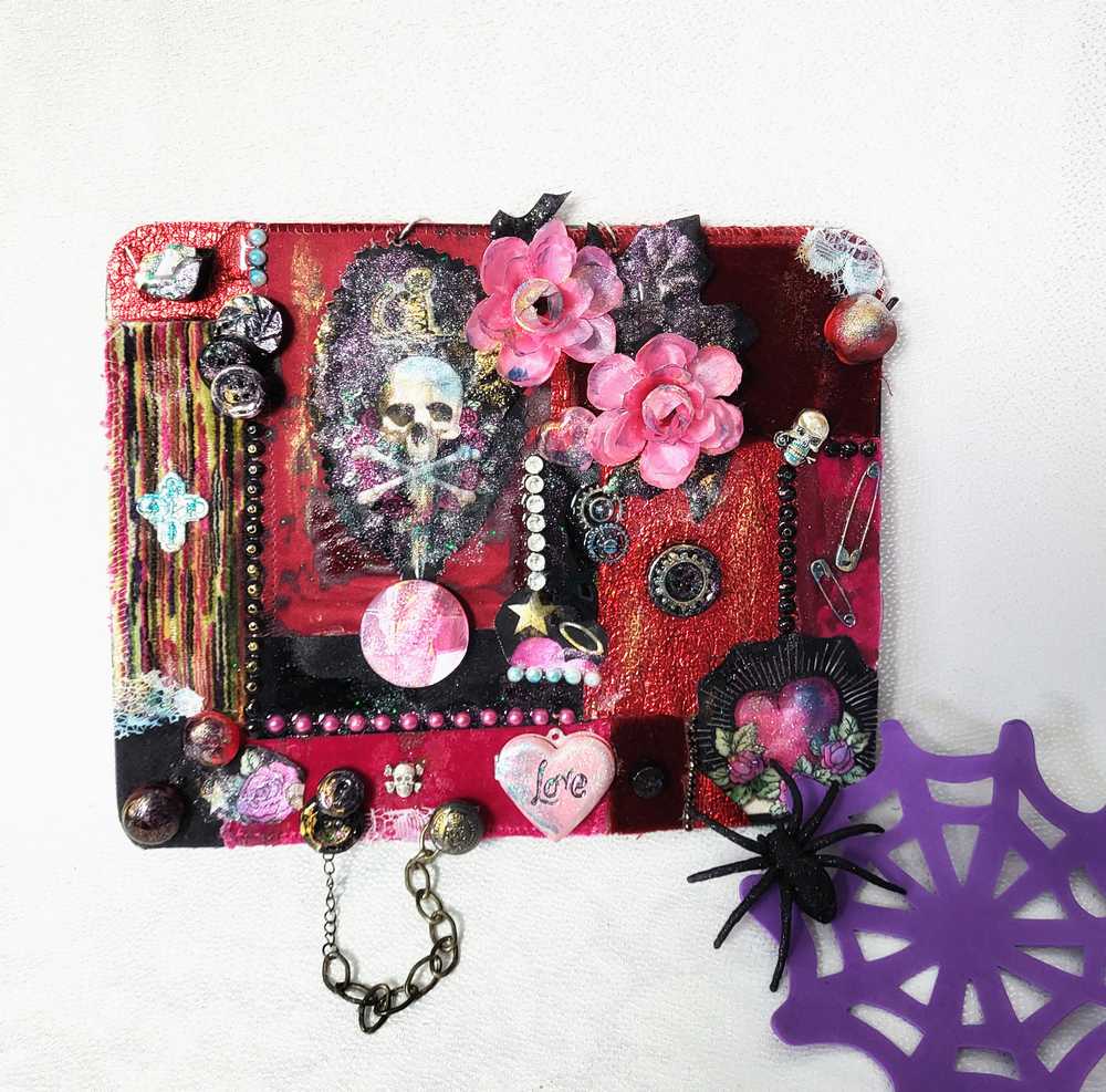 Unique, Red Velvet Skull with Pink Flowers and Picture Frame, Wall Plaque