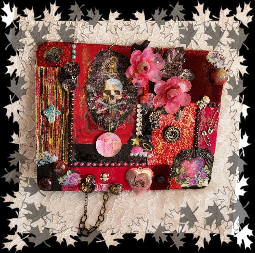 Unique, Red Velvet Skull with Pink Flowers and Picture Frame, Wall Plaque