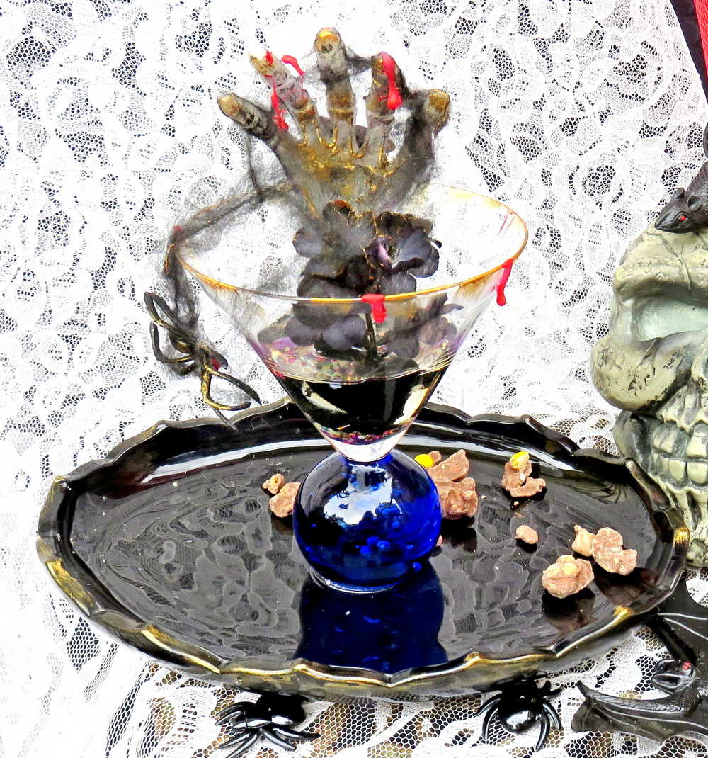 Creepy, Ghostly, Candy Dish, with Skeleton Hand in Resin, Blue Glass