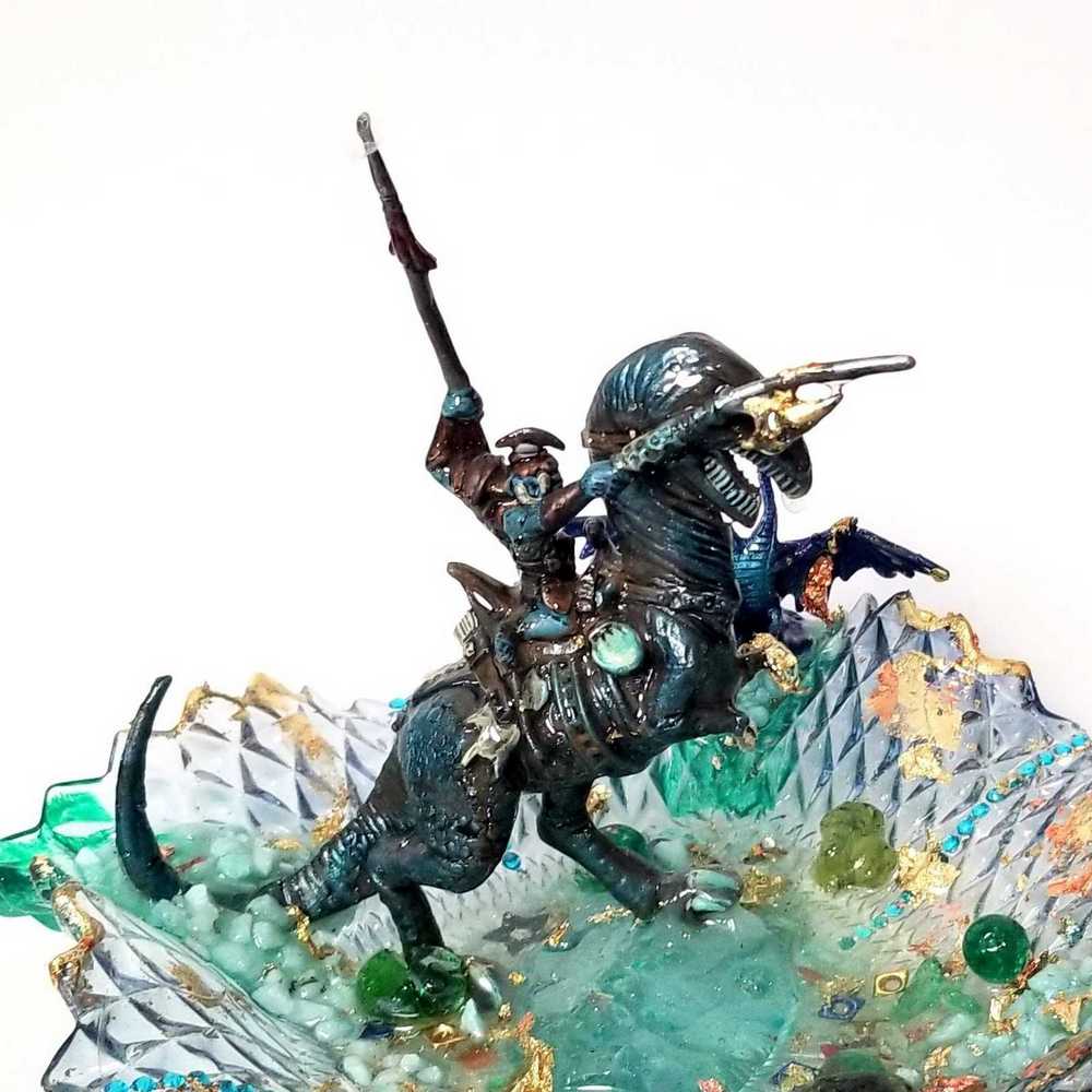Mutant Troll Warrior Riding a T Rex in a Glass Vintage Dish, Collector Piece
