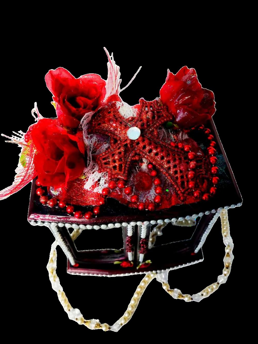 Black and Red Ladies Jewelry Box with 3 Red Roses, White Shimmering Lace and a Red Cross
