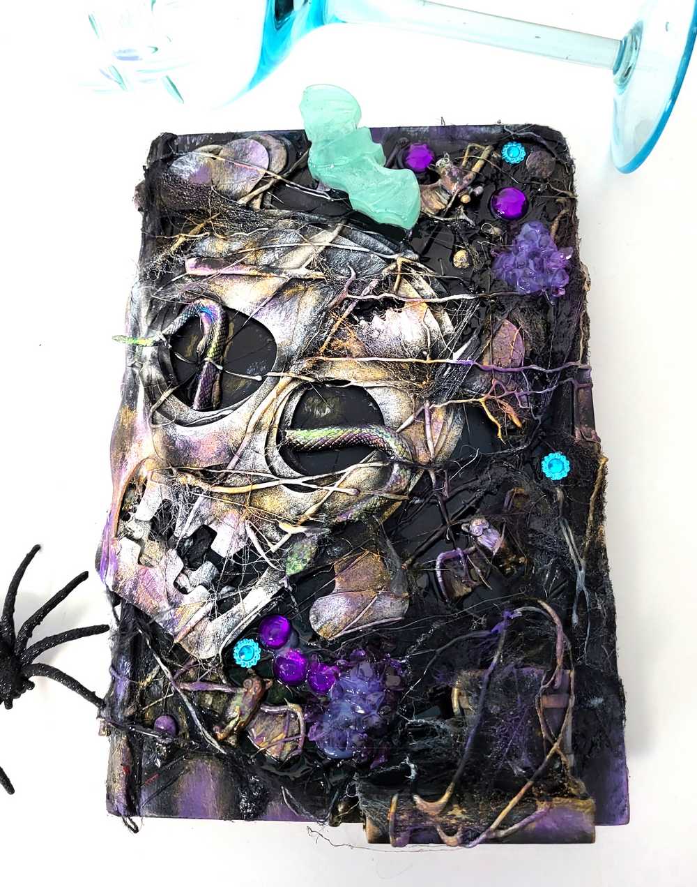 Recycled, Altered Creepy Spell Book with Skull and Snake