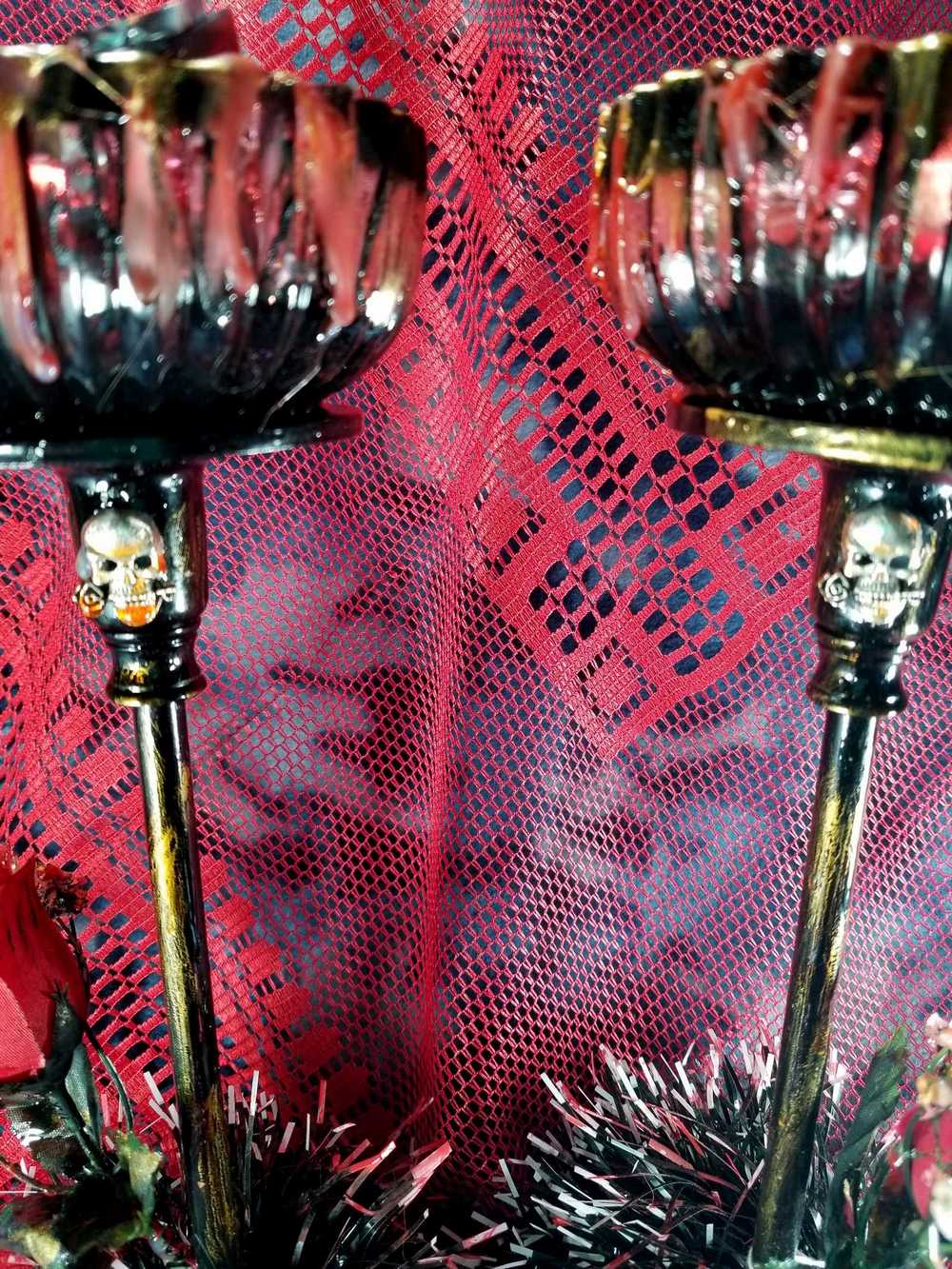 Tall Glass Candy Dishes with Red Roses and Babies Breath
