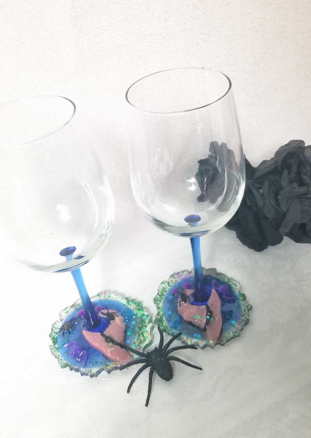 Altered Wine Glass with a Witch Hat and a Spider on a Resin Base