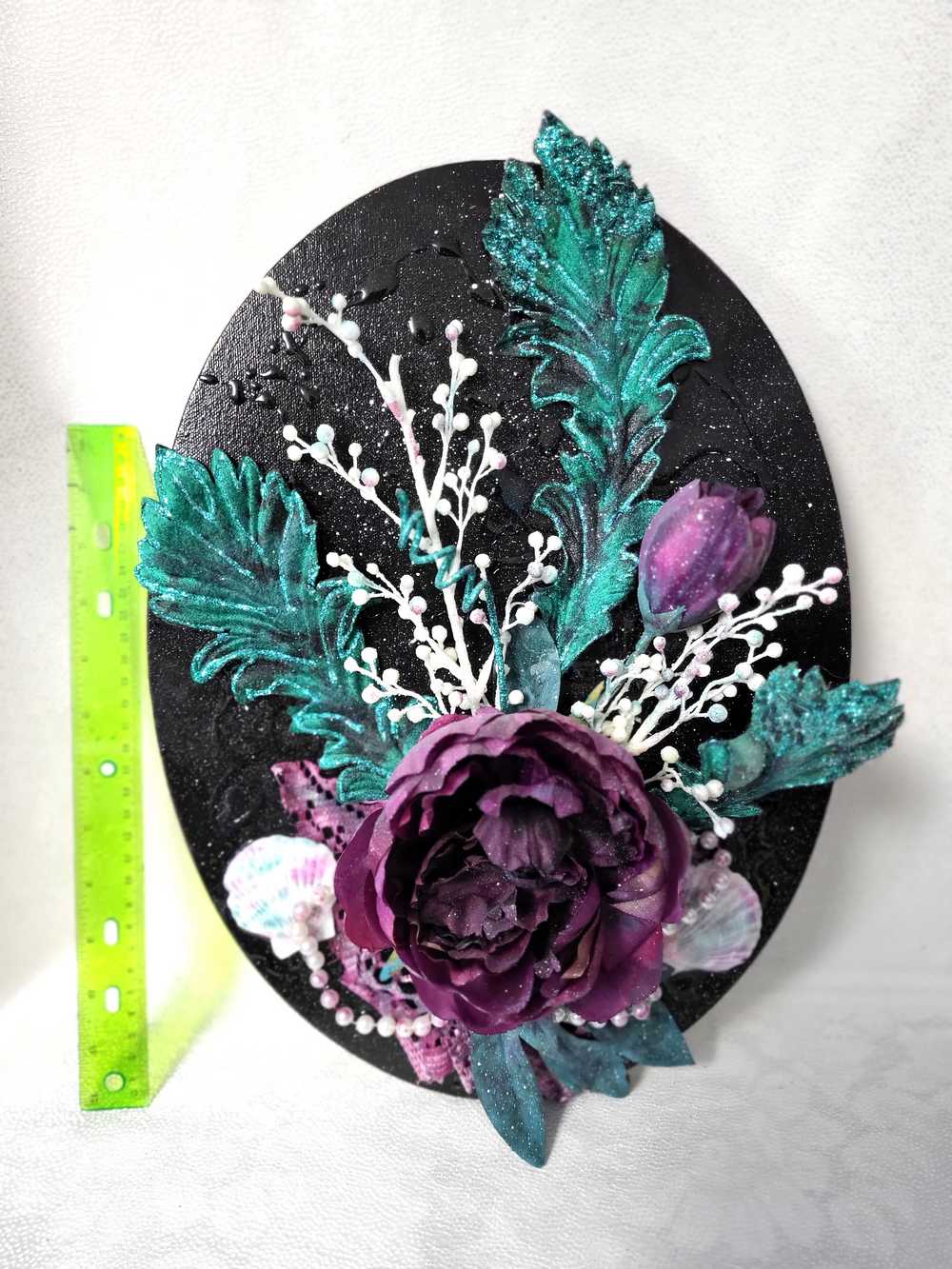 Black Oval Canvas 3D Art with Deep Purple Flowers and Shells