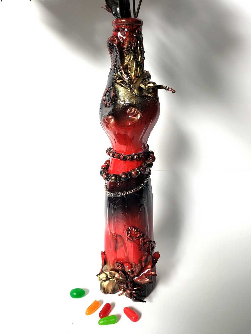 Glass Cat Vase, Red and Black Flowers with Skull and Snake
