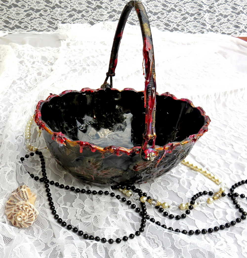 Goth, Altered Vintage Glass Fruit Bowl With Handle and Skull Charms