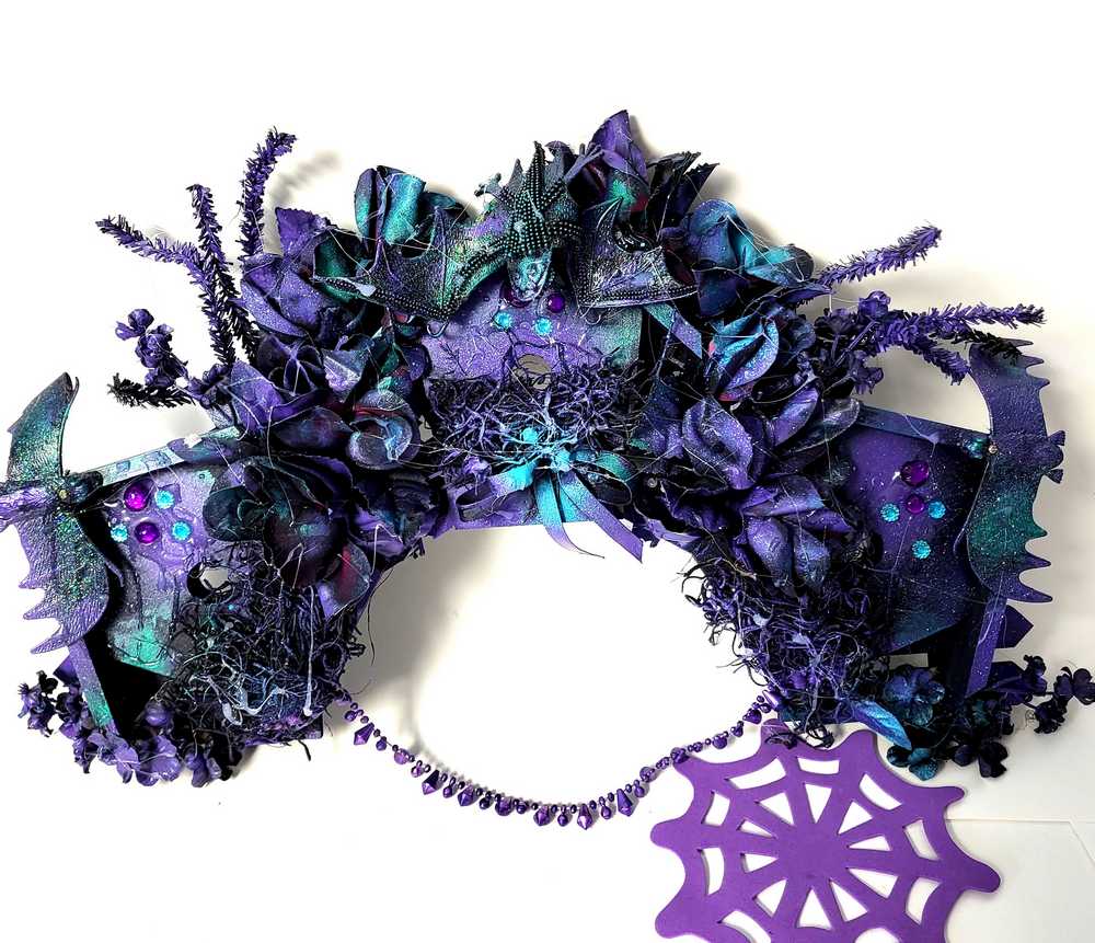 Decorative Wreath with 3 Bat Houses with Bats in Purple and Black