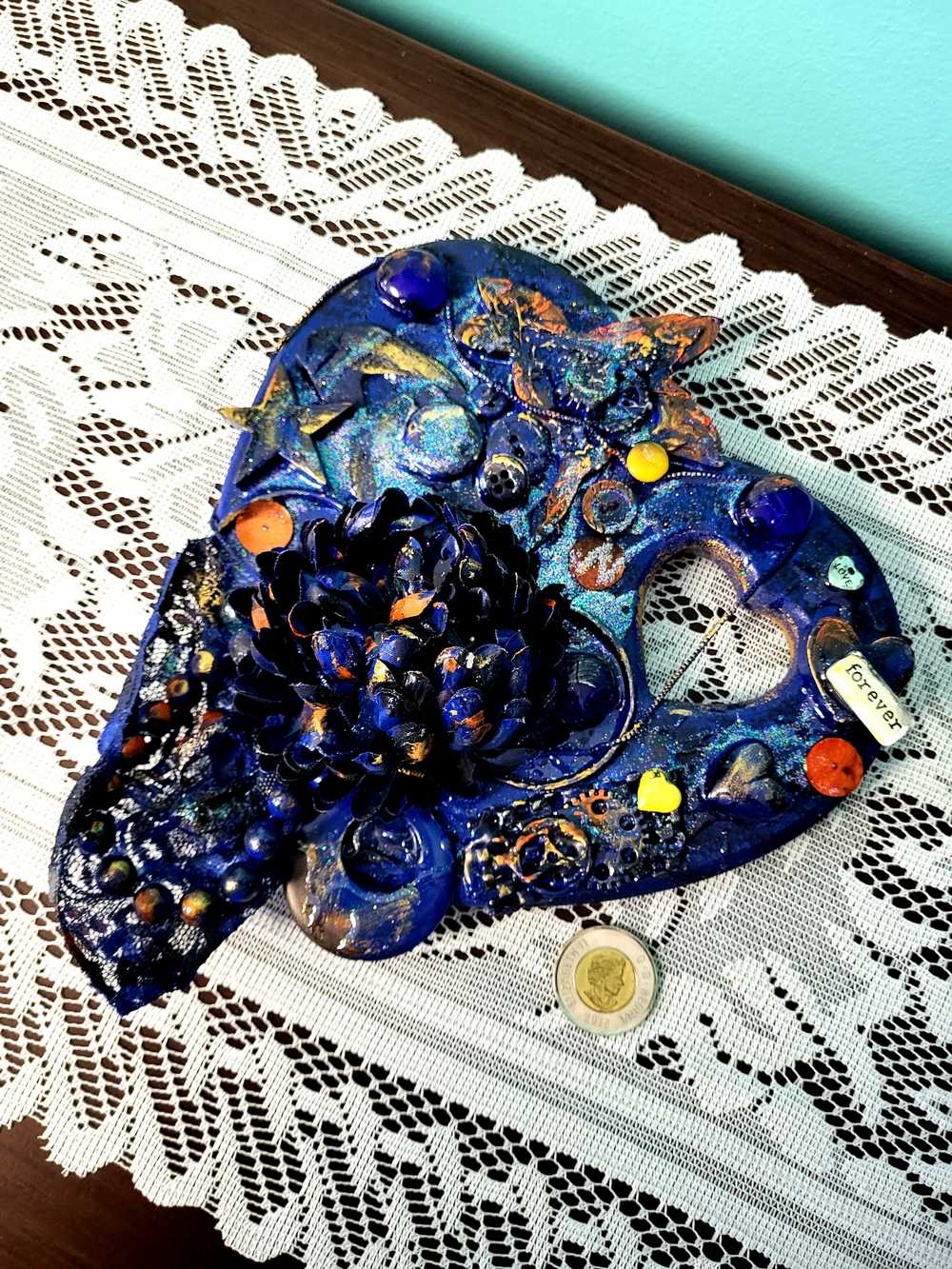 Deep Blue Wooden Heart Wall Plaque with Flowers, Recycled Jewelry, Gears and a Hummingbird