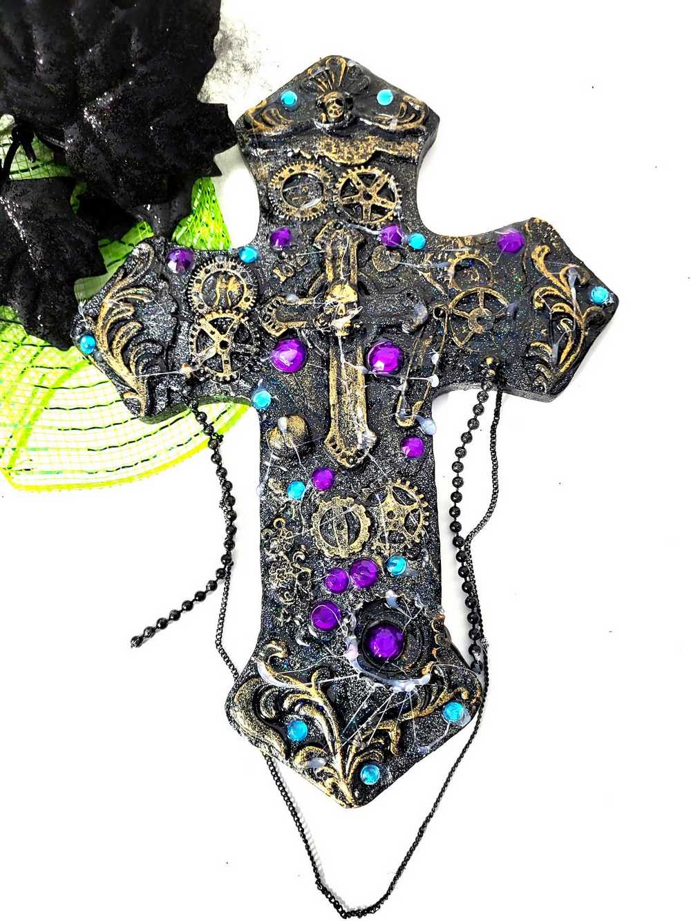 Altered Cross Made of Plaster with Skulls, Gears and Chains
