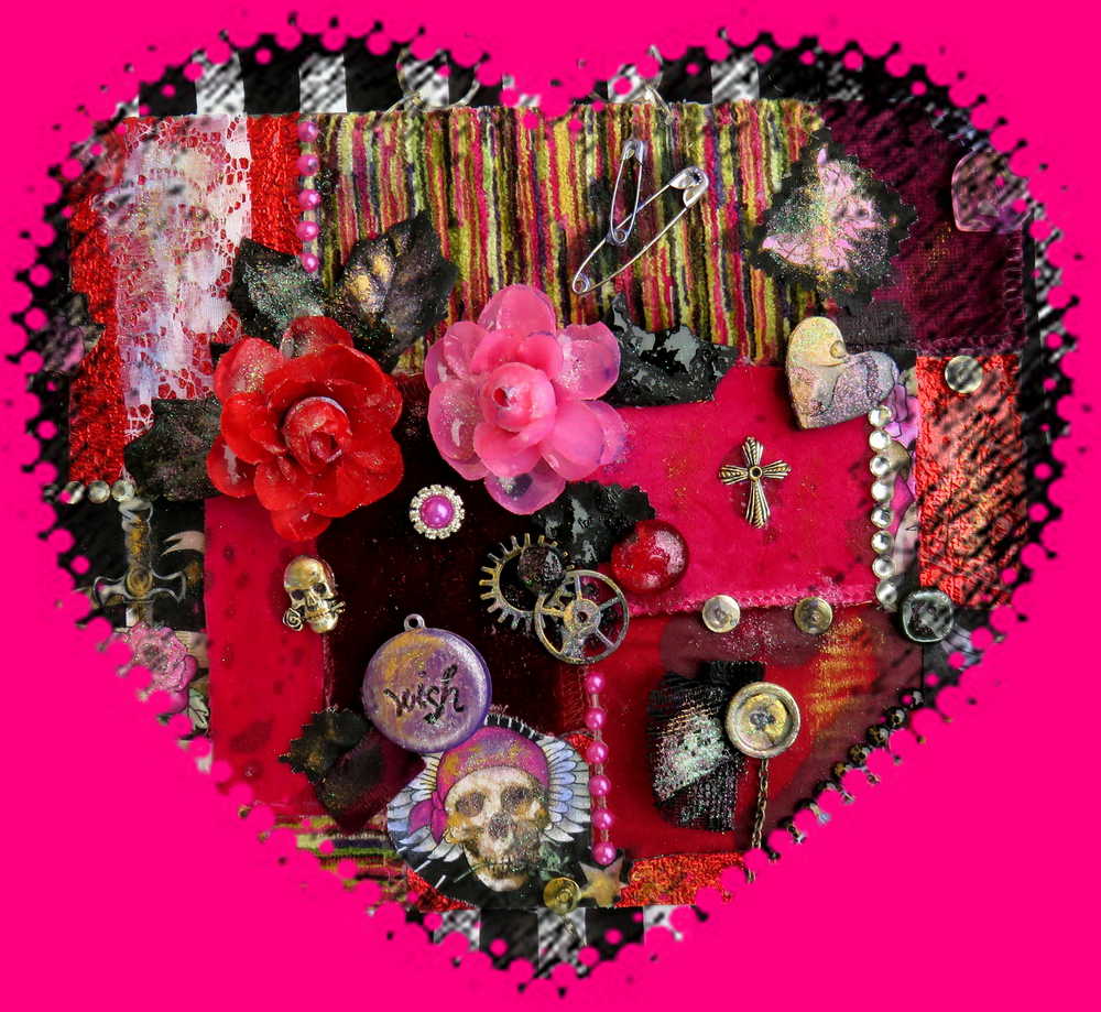 Pink and Burgundy Patchwork Wall Decor with Fabric, Skull and Bones