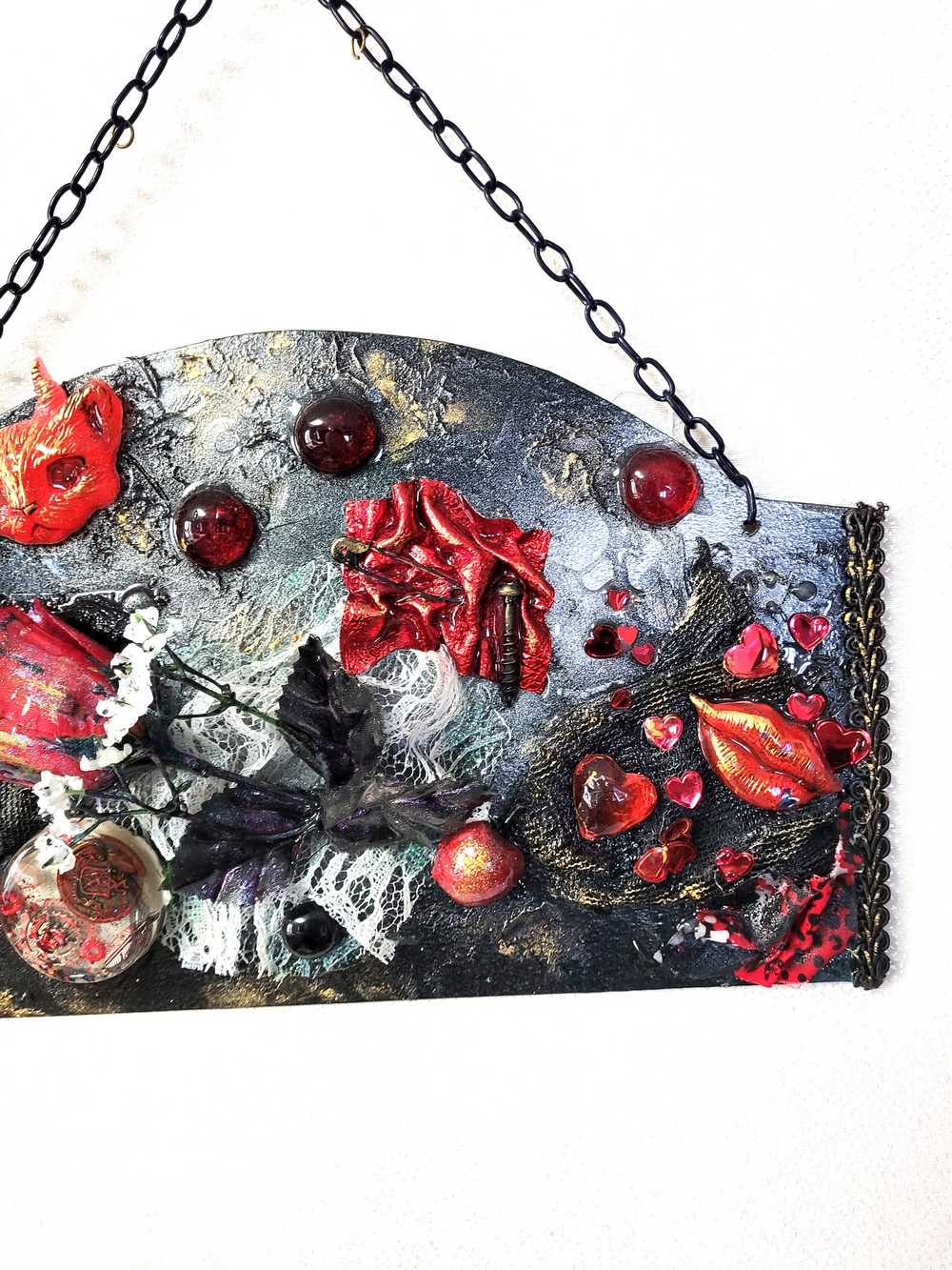 Devil Cat and Cross Resin Wall Hanger in Rich Burgundy, Black and Red