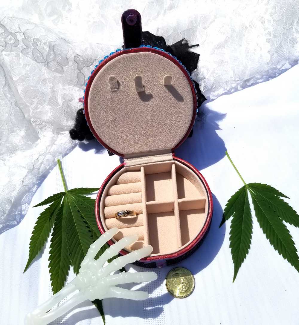 Travel Pink Skull Jewelry Box with a Daisy and Pot Leaves