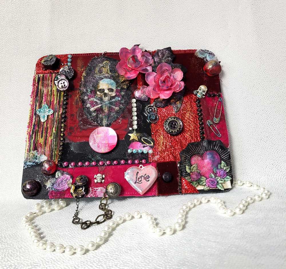 Unique, Red Velvet Skull with Pink Flowers and Picture Frame, Wall Plaque