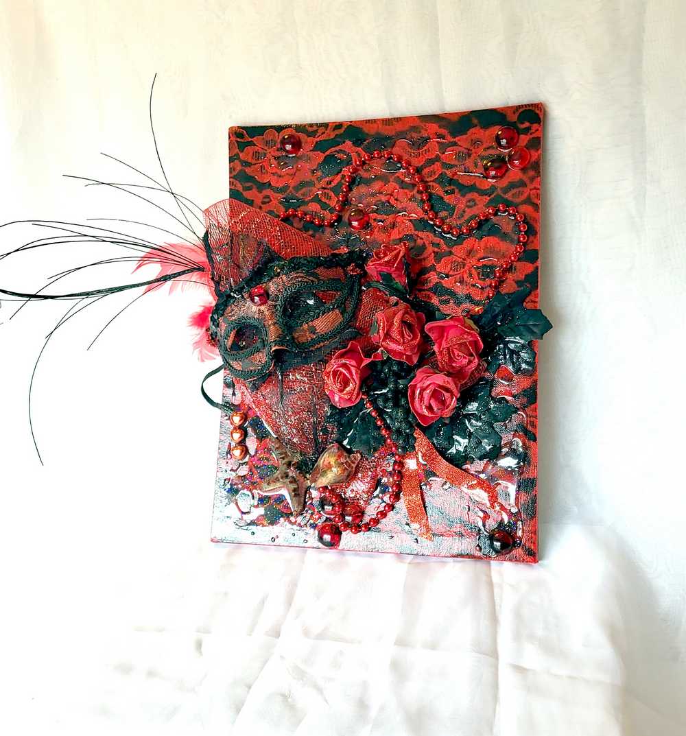 3D Red and Black Art on Canvas with Sexy Mask and Roses, 40 cm x 30 x 10 cm