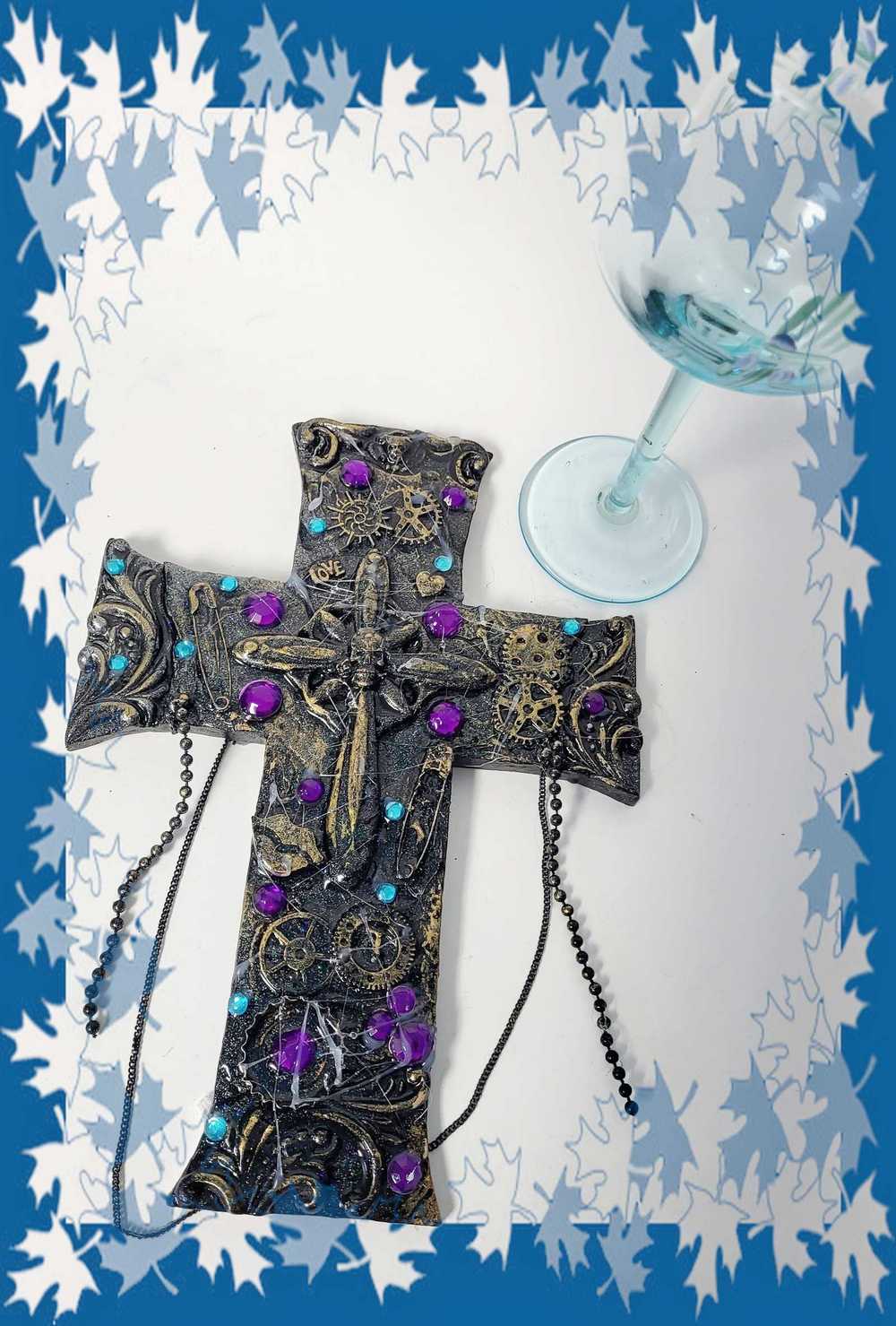 Black Cross With Skulls and Gears in Purple and Teal Rhinestones