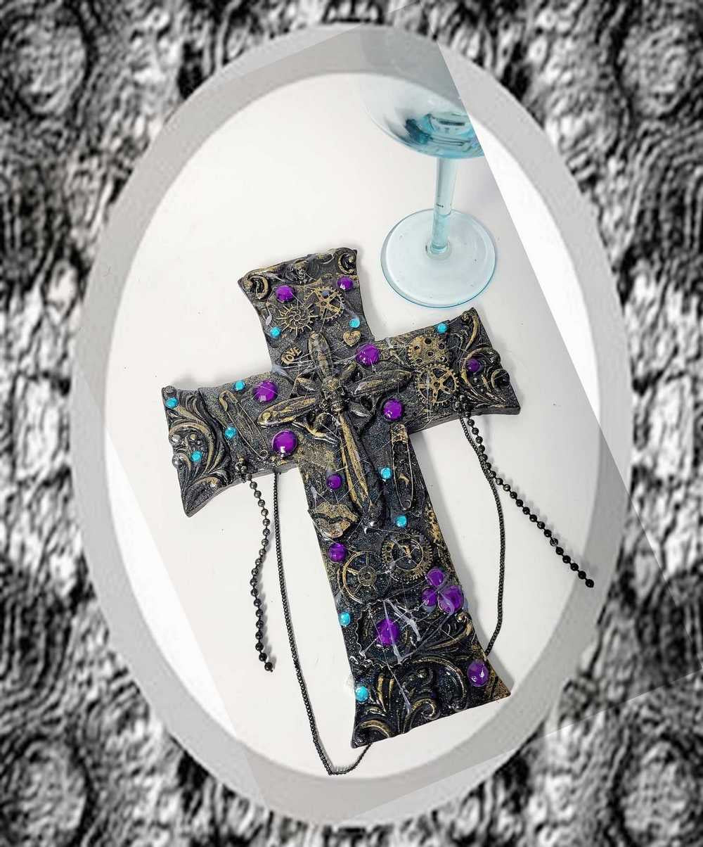 Black Cross With Skulls and Gears in Purple and Teal Rhinestones