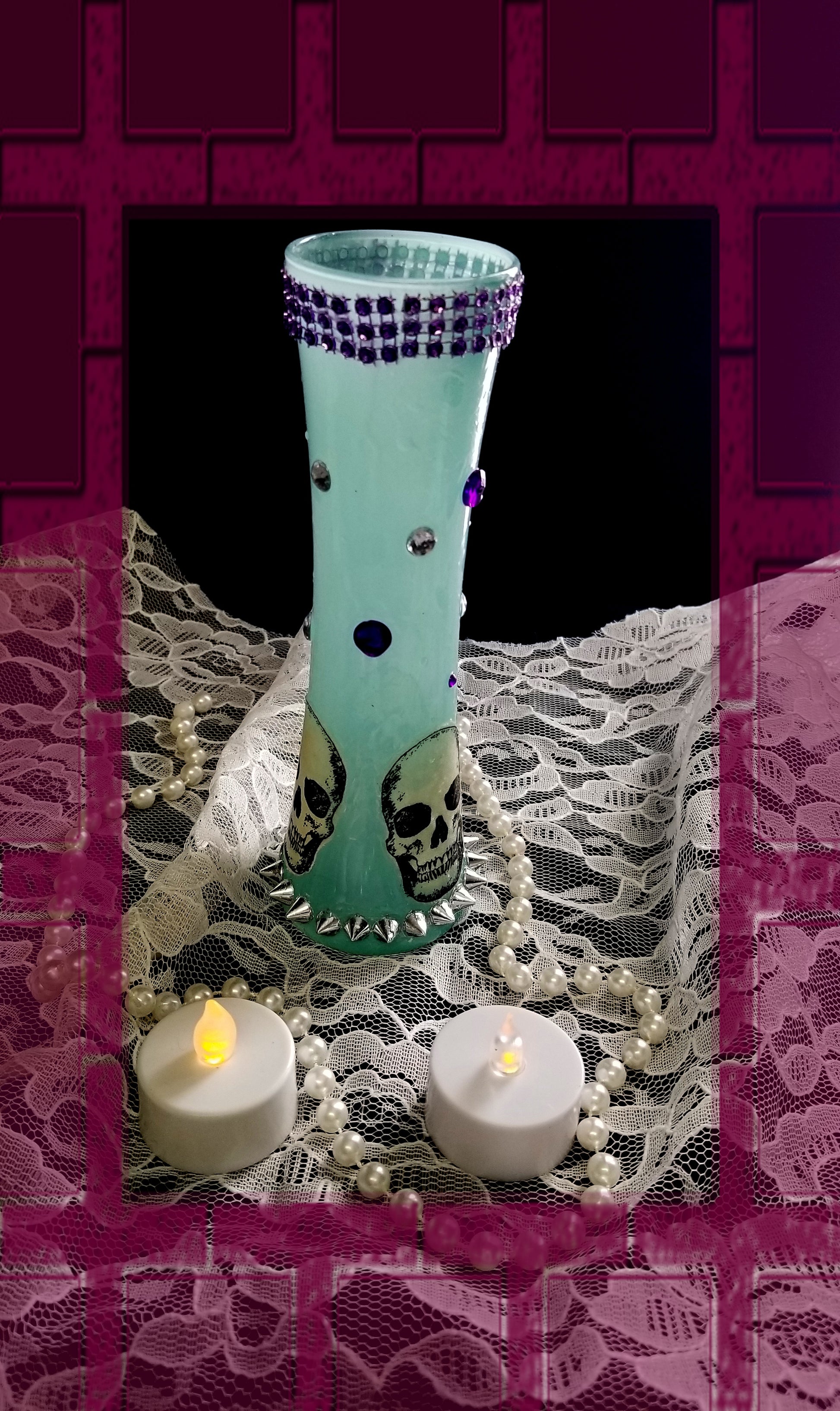 19 cm Tall Teal Colored Glass Vase with Skulls, Spikes and Resin