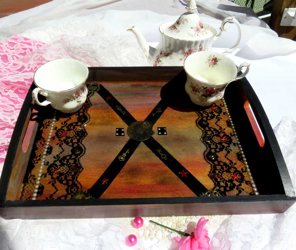Steampunk /Goth Serving Tray with Gears, Black Lace and Ribbon