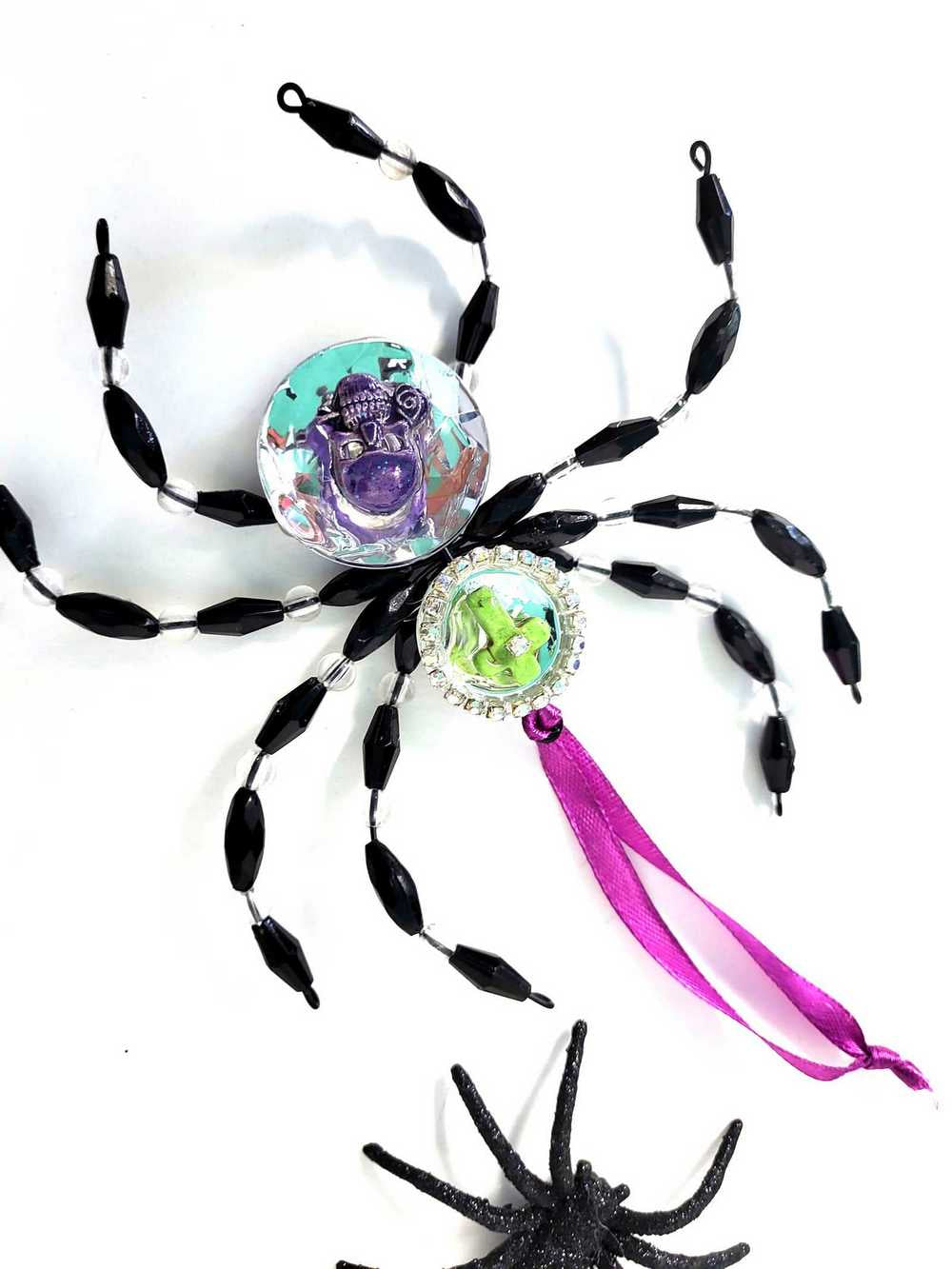 Black and Clear Beaded Spider with Skull Head and Cross Ornament