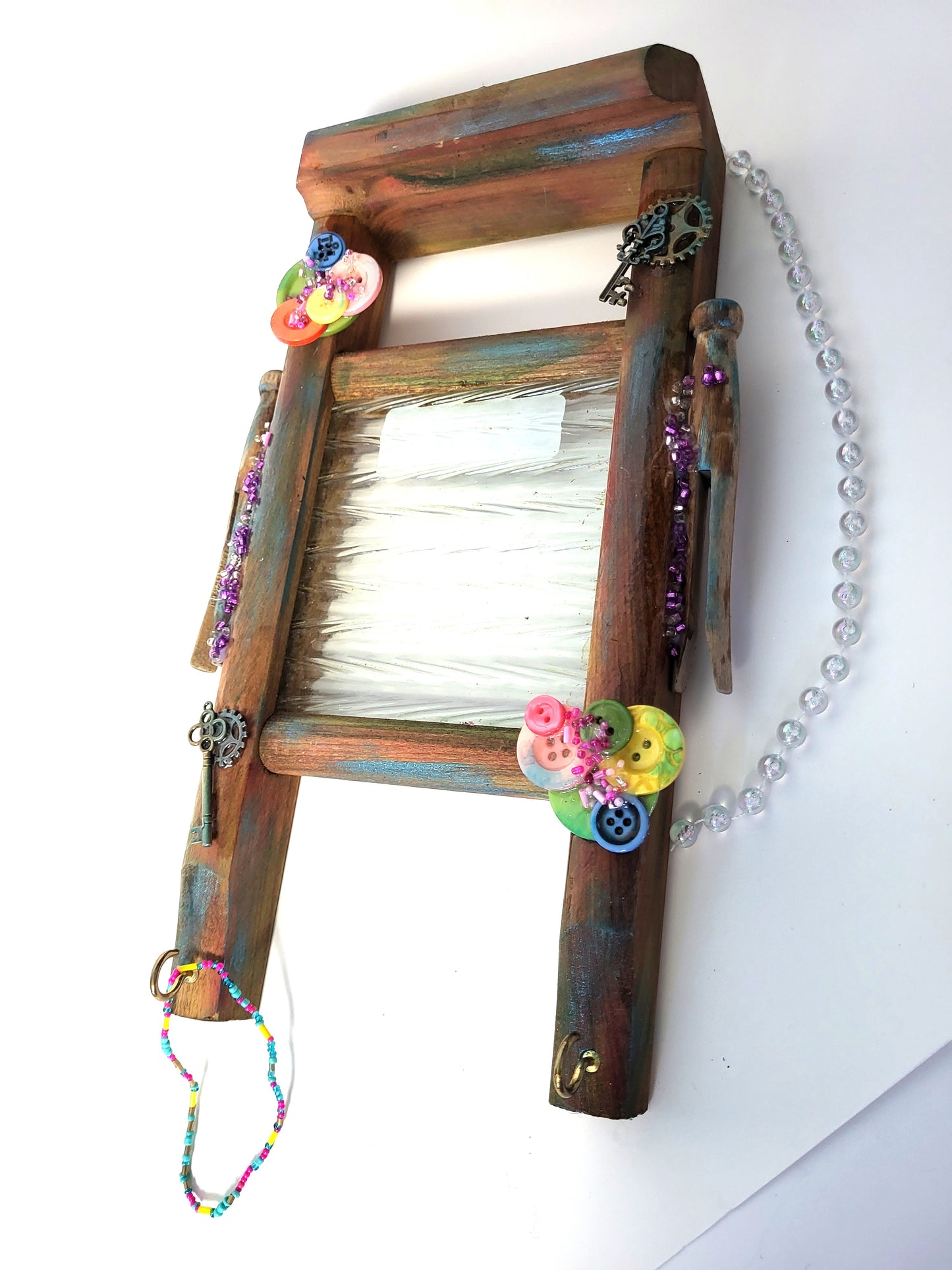 Wall Plaque, Replica of Old Glass Washboard with Hooks To Hang Keys etc.