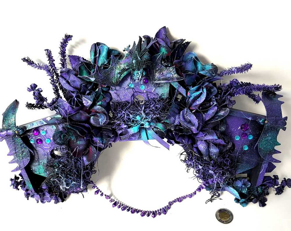 Decorative Wreath with 3 Bat Houses with Bats in Purple and Black
