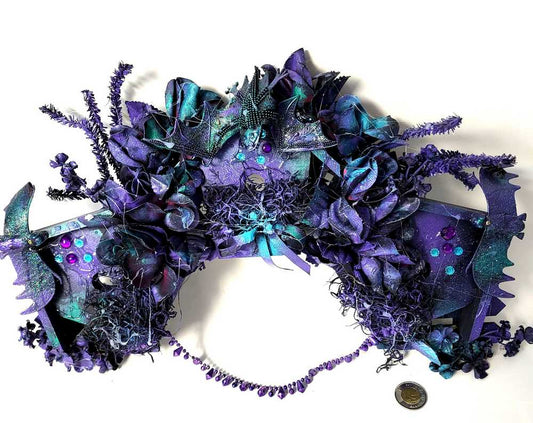 Decorative Wreath with 3 Bat Houses with Bats in Purple and Black