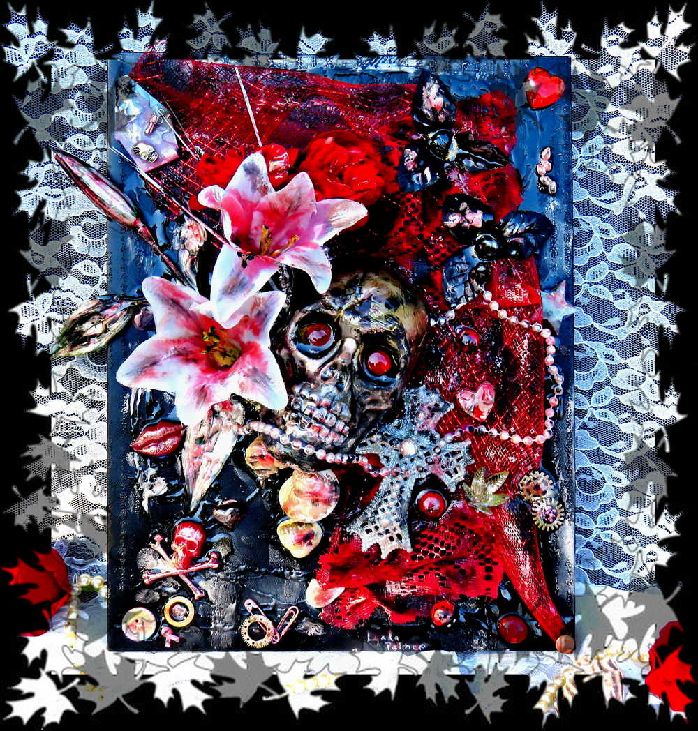 3D Skull and White Lilies, 45 x 36 x 18 cm on Black and Red Canvas