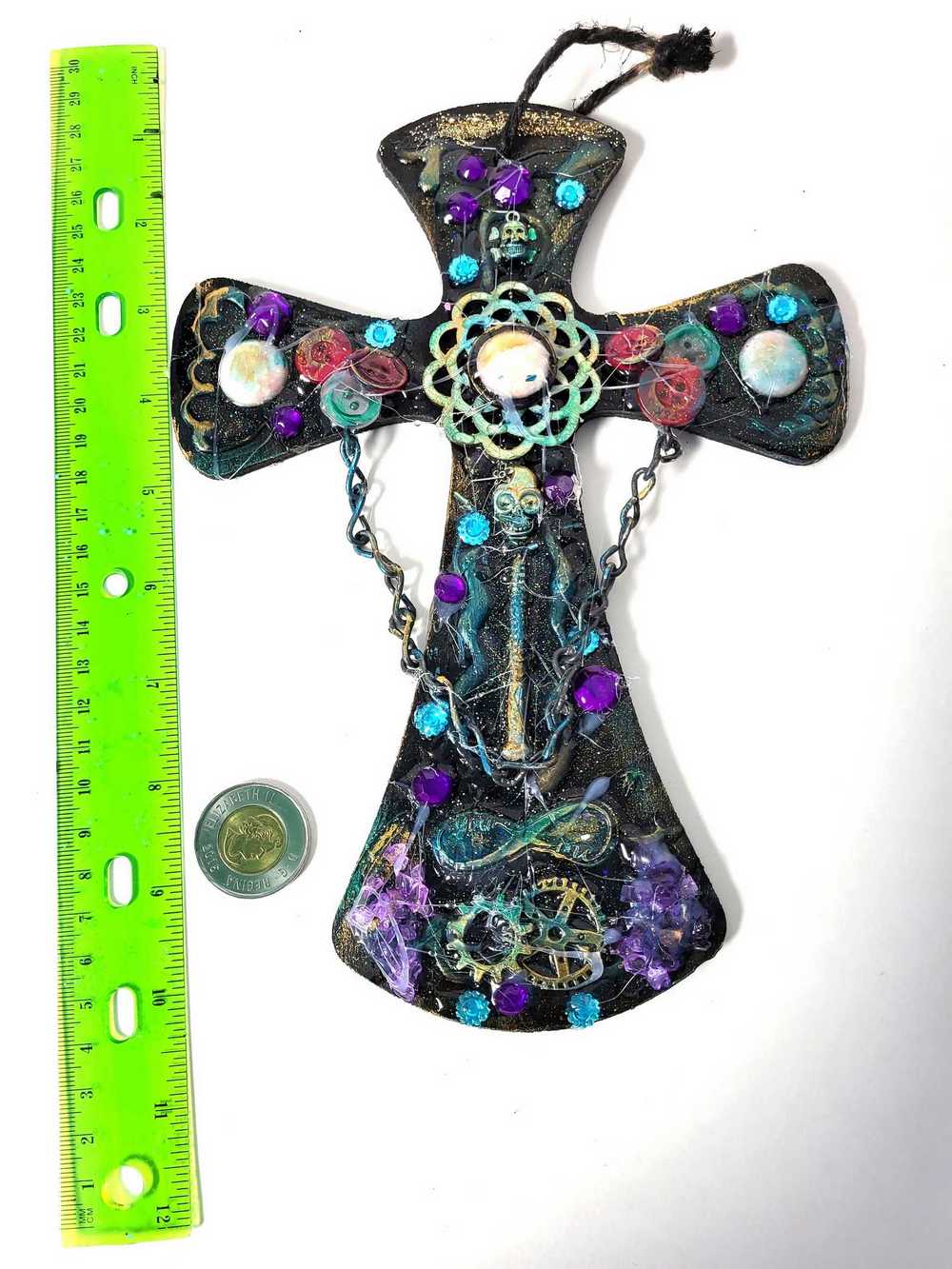 Wooden Cross with Chains, Buttons, Rhinestones, Gears and Skulls