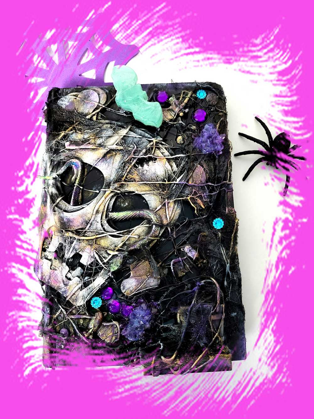 Recycled, Altered Creepy Spell Book with Skull and Snake